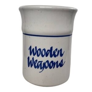 Vintage Crock Wooden Spoons Utensils Blue Cream